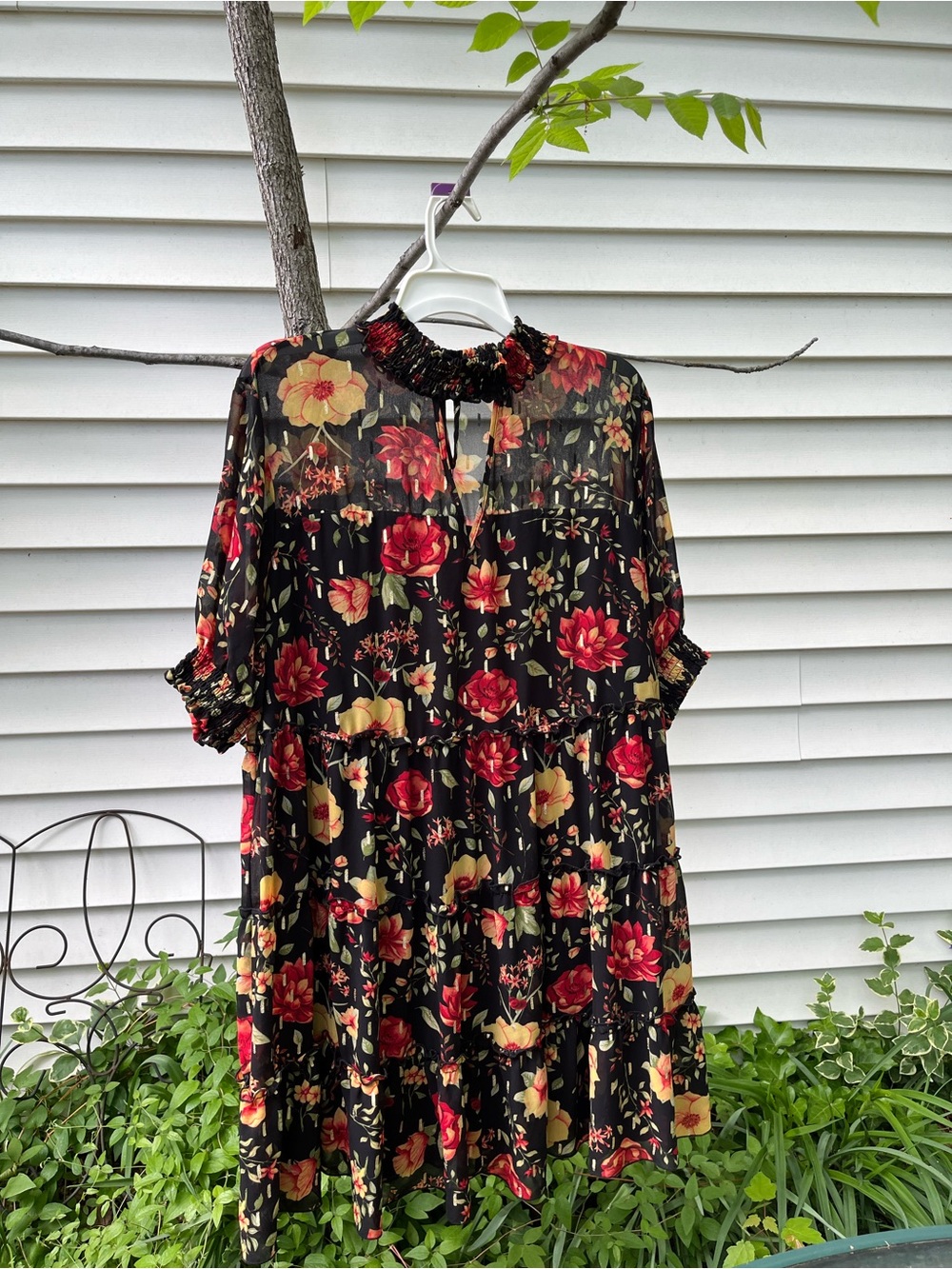 Floral Ruffled Black Tiered Midi Dress - Black Floral